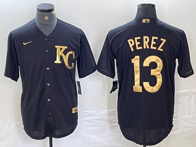 Mens Kansas City Royals #13 Salvador Perez Black Gold Cool Base Stitched Jersey->kansas city royals->MLB Jersey